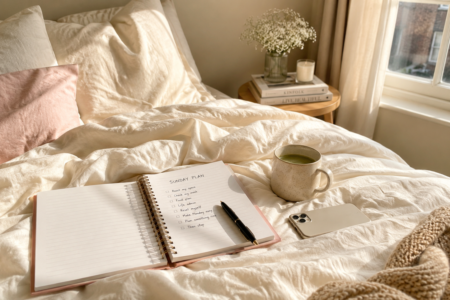 Sunday reset with a planner, matcha and fresh bedding in a sunlit bedroom