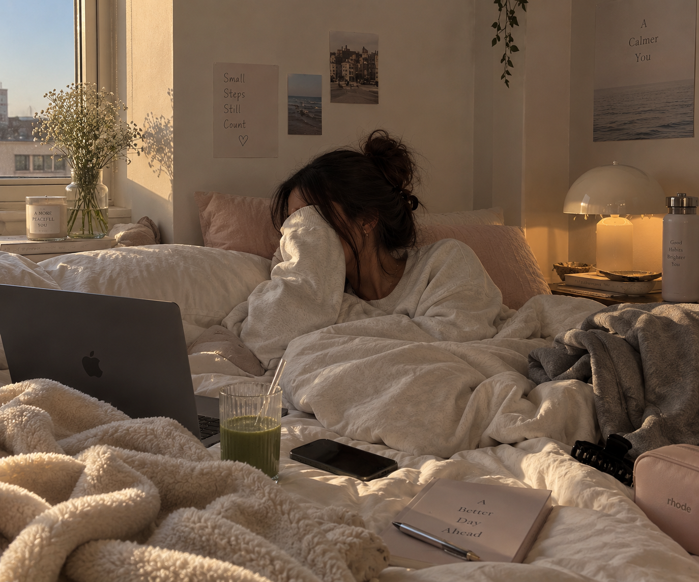 Woman resting in bed on a low-energy day with a laptop, water and notebook nearby
